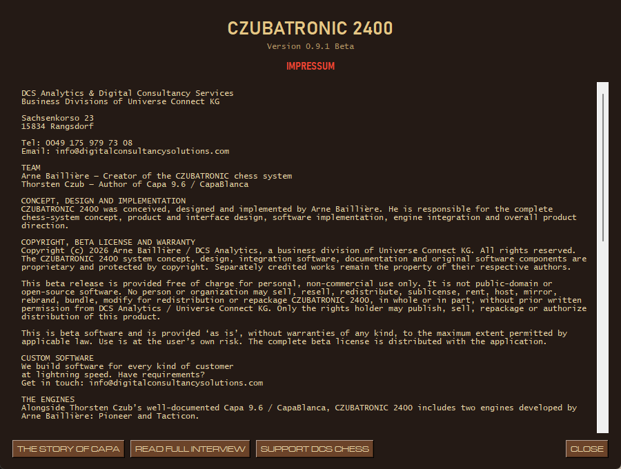The About dialog of CZUBATRONIC 2400 with Impressum, team, license and the buttons for the Story of Capa and the full interview