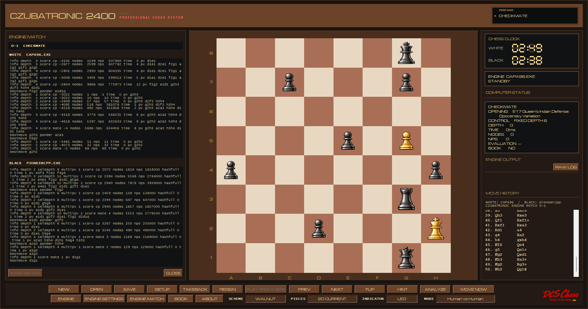 An engine match in CZUBATRONIC 2400: Capa against Pioneer, with both engines' search output in the match panel and the final checkmate on the board