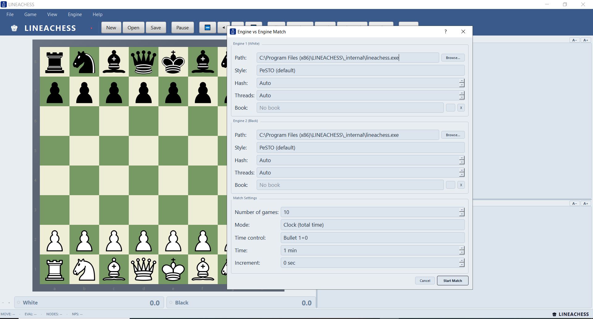 LineaChess engine match setup with round-robin tournament options