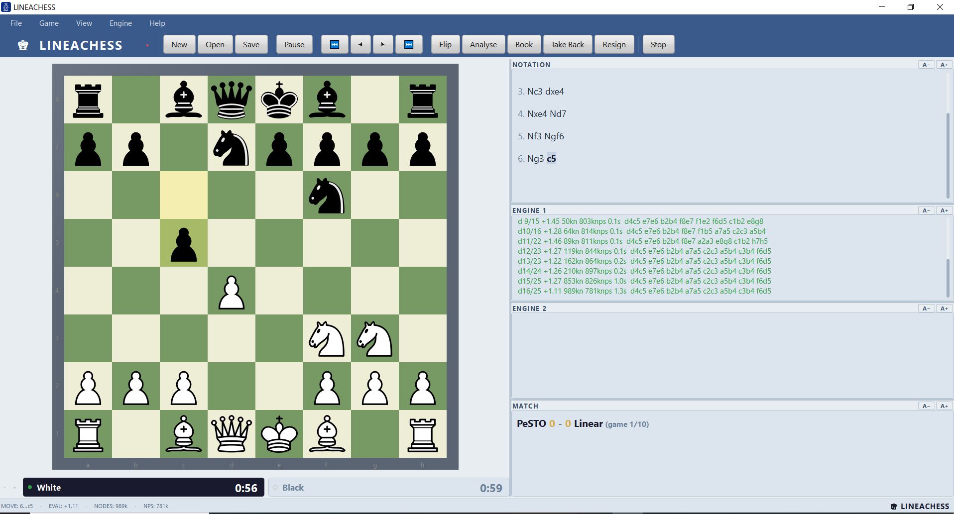 LineaChess engine vs engine match with live analysis