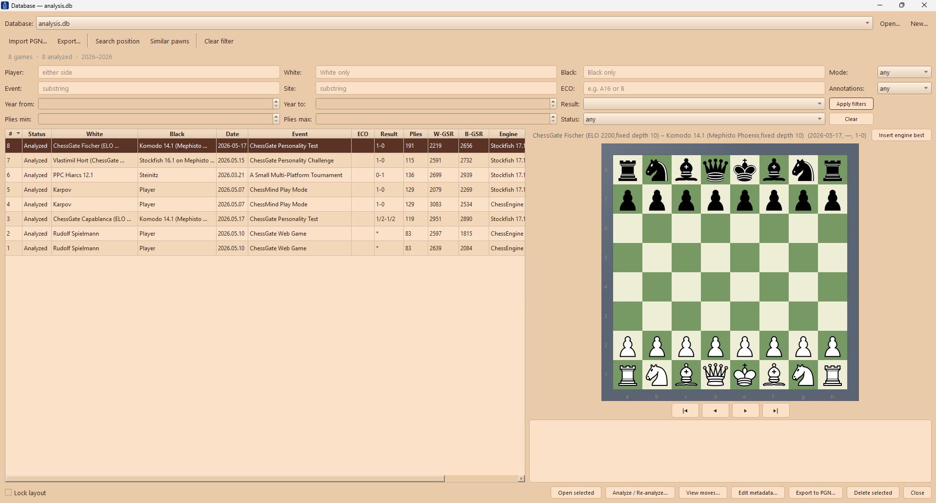 LINEACHESS local games database with filters, player statistics and Game Strength Rating columns
