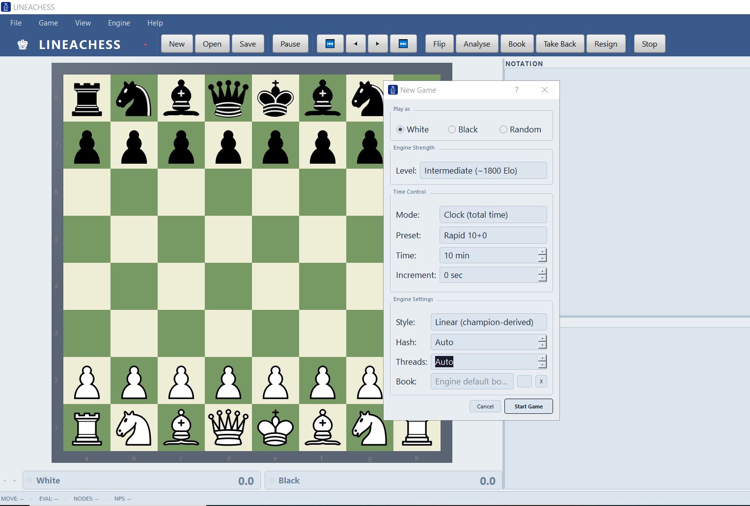 LineaChess game setup with engine configuration
